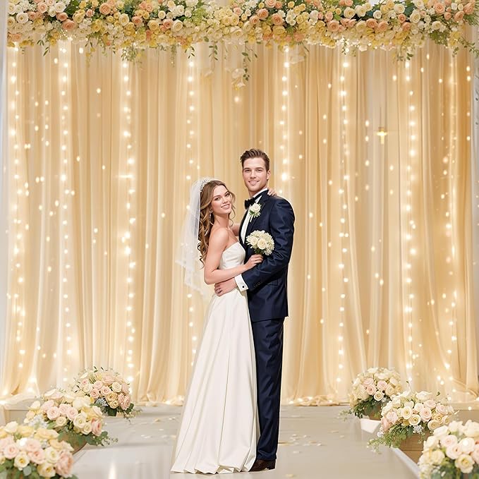 10ft x 10ft Champagne Chiffon Backdrop Curtain with Lights String for Parties,2 Panels Sheer Chiffon Curtain Wedding Backdrop with Lights for Baby Shower Birthday Ceremony Reception Home Decorations