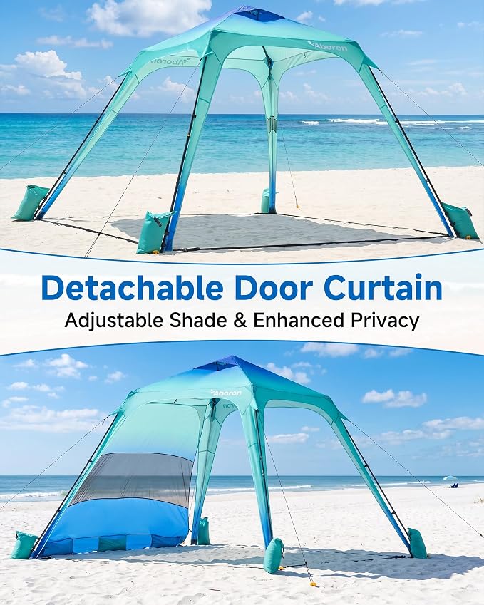 Slsy Beach Tent 10 x 10 FT, Beach Shelter with Removable Side Wall, UPF 50+ Canopy Cabana for Sun Protection, Easy Setup Shade with Sandbags, Stakes & Guy Lines, Wind Resistant, Fits 6-8 People
