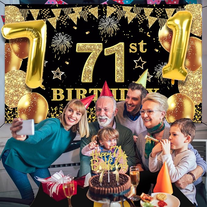 71st Birthday Decorations Men Women With 71st Birthday Banner, Black And Gold Table Cloth, Number Balloons, Sash, Cake Topper And Candles