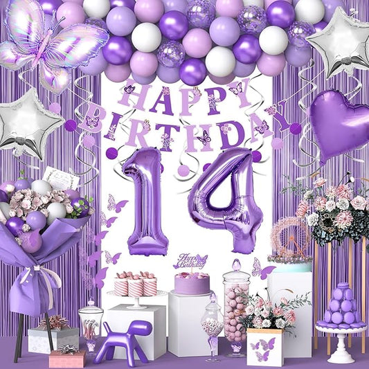 14th Purple Birthday Decorations for Girls, Purple Pink 14th Birthday Decorations Butterfly Theme Lavender Party Decor Set with Number Balloons, Banner, Sash, Butterfly Stickers