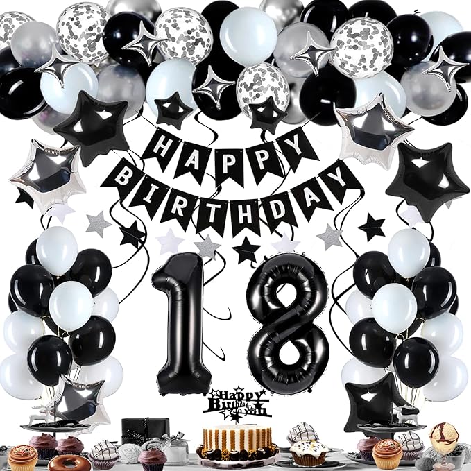 18th Birthday Decorations for Boy Girl, Black White and Silver Happy 18 Party Decor Set with 18 Number Foil Balloons, Banner, Cake Topper for Him Her