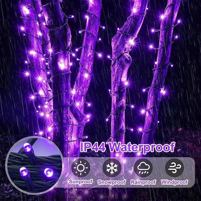 QITONG Purple Solar String Lights, 2 Pack Each 33ft 100 LED Solar Christmas Fairy Lights Outdoor Waterproof, 8 Modes Green Wire Twinkle Lights for Outside