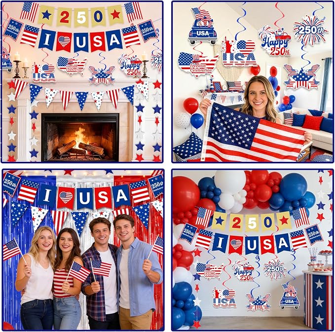 250th Anniversary Decorations 4th of July Decorations Including 250th Anniversary US Banner Star Garland 250 Banner Hanging Swirls