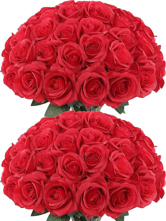 50pcs Artificial Roses Flowers with Long Stem, Realistic Silk Fake Rose for Wedding Centerpieces Bouquet Party Floral Arrangement Home Decoration (Red)