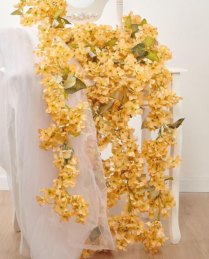 PONKING Flower Garland, Artificial Hydrangea Vine Flowers, Hanging Fake Hydrangeas Vine for Room Anniversary Wedding Birthday Christmas Wall Arch Decor, 2 Pcs, Floral Garland, Champagne Flower