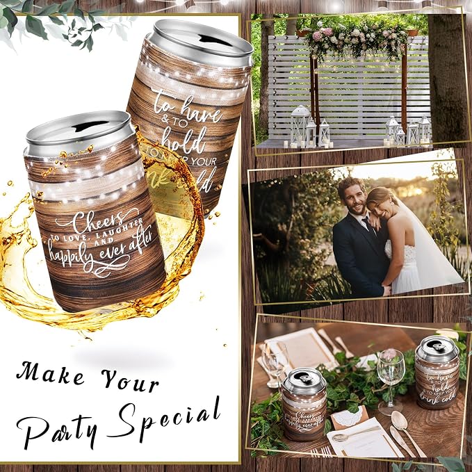 Qinyoung 50 Pieces Wood Grain Wedding Can Cooler Bulk Engagement Party Favors for Guests Cheers to Love and Happily Ever After Rehearsal Dinner Decorations for Wedding Bridal