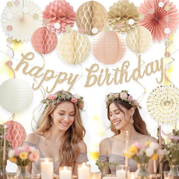 Boho Pink Happy Birthday Decorations for Women Girls, Pre-Strung, 24pcs | Happy Birthday Banner, Honeycomb Ball, Paper Flowers, Lanterns, Fans, Streamers, Dots Garland for Birthday Party Decorations