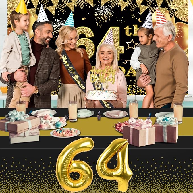 64th Birthday Decorations Men Women with 64th Birthday Banner, Black and Gold Table Cloth, Number Balloons, Large Sash, Cake Topper and Candles