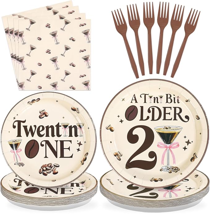 96 Pcs Espresso Martini Happy 21st Birthday Decorations Martini A Tini Bit Older Paper Plates and Napkins Twentini One Tableware Set for Girls Women 21st Birthday Bachelorette Party Supplies, Serves 2