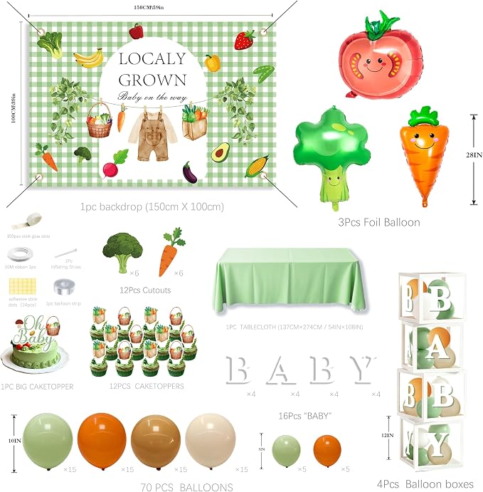 Locally Grown Baby Shower Decorations - Farmers Market Theme Party Supplies Include Balloon Garland Arch, Backdrop, 4 Boxes, 3 Vegetable Foil Balloons - Garden Fresh Veggie Decor Sage Green Neutral