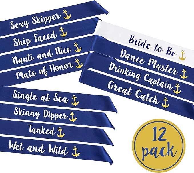 Last Sail Before the Veil” Bachelorette Sashes | 12 Pack | 1 Bride to be Sash and 11 Bride Tribe Sashes with Fun Nautical Phrases