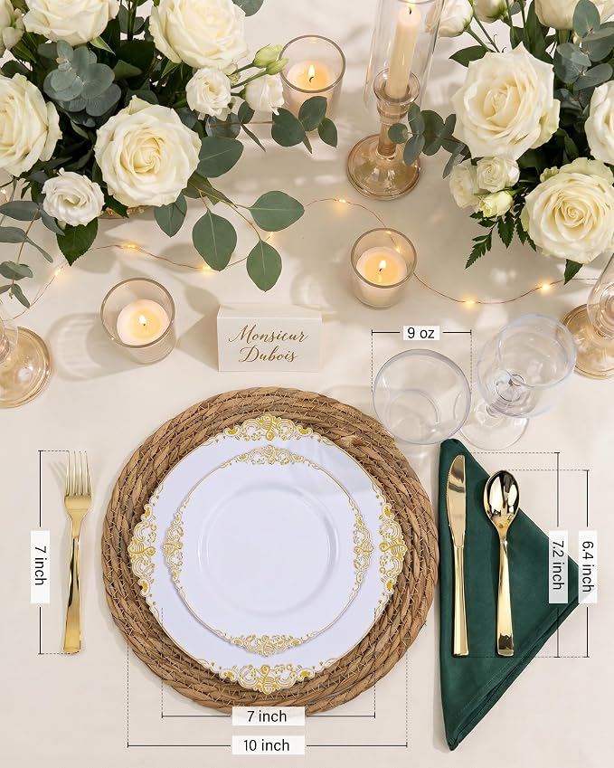 Nervure 600PCS Gold Plastic Dinnerware Set- White and Gold Disposable Plates for 100 Guests - 200 Disposable Plates, 300 Plastic Silverware, 100 Cups Perfect for Wedding & Party