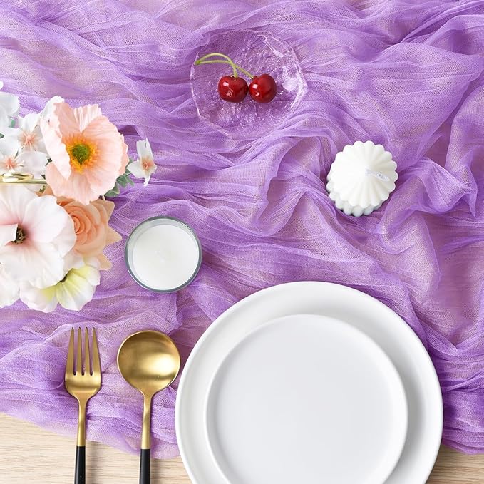 Joanlody Lilac Cheesecloth Table Runner 10Ft Rustic Gauze Boho Spring Summer Cheese Cloth Table Runner for Wedding Bridal Baby Shower Decoration