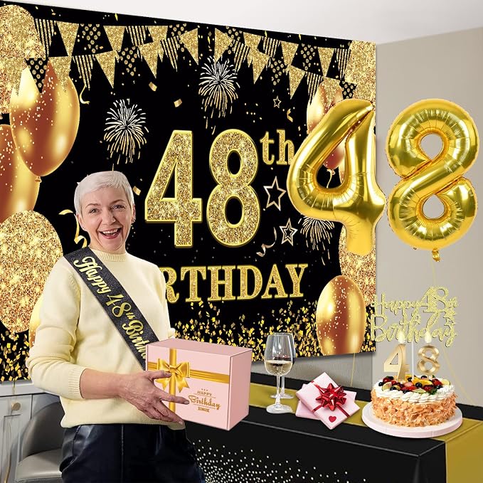 48th Birthday Decorations Men Women with 48th Birthday Banner, Black and Gold Table Cloth, Number Balloons, Large Sash, Cake Topper and Candles