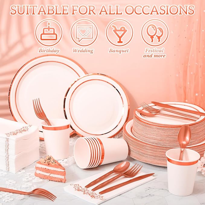meekoo 350 Pcs Rose Gold Party Dinnerware Set Disposable Paper Plates for 50 Guests 9in and 7in Dinner Dessert Plates Napkins Gold Rim Plastic Cups Knives Forks Spoons for Party Wedding(Round)