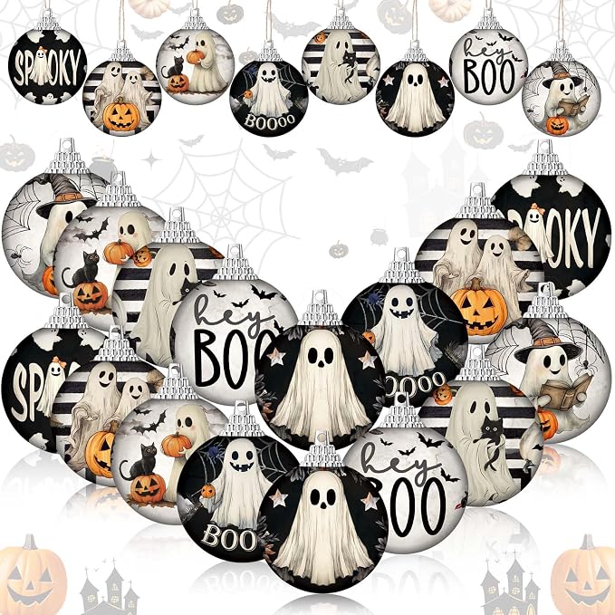 Outus 16 Pcs Halloween Ornaments for Tree Boo Ghost Halloween Ball Hanging Decorations Ghost Vintage Decorative Mini Ball Ornaments Set for Farmhouse Home Indoor Fireplace Holiday Party Favors