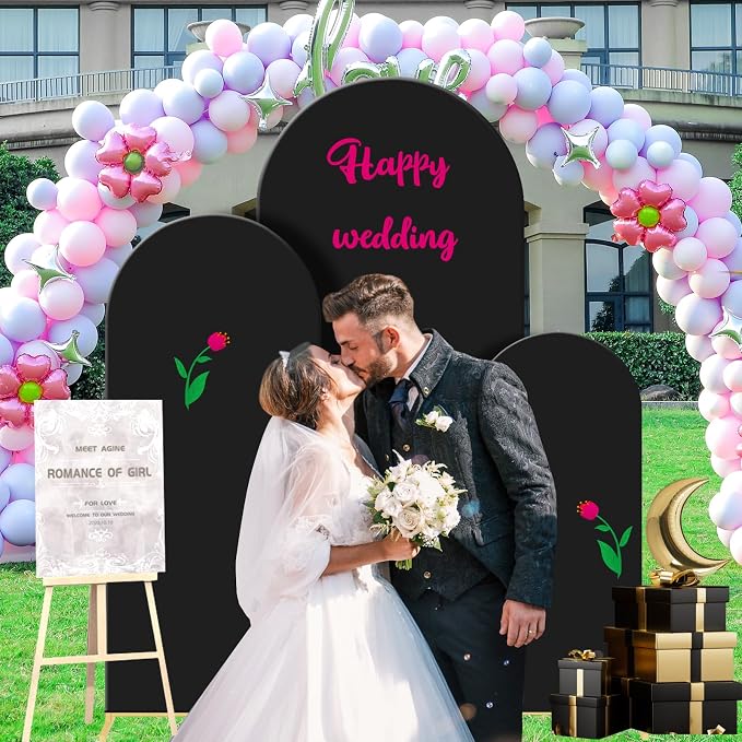 Gawicpy Wedding Arch Backdrop Stand Set Metal Arch Backdrop Stand with Wedding Arch Cover, Wedding Balloon Arch Backdrop Stand for Birthday, Baby Shower, Anniversary (Black, 4FT+5FT+6FT)
