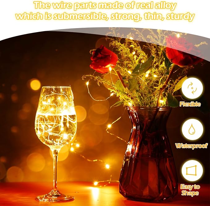 Hortsun 100 Packs Fairy Lights Battery Operated 3 Speed Modes, 7 Ft/ 2 M 20 LED Battery String Mini Waterproof Wire Twinkle Lights Bulk for Wedding Party Birthday Vases Decor (Warm White)