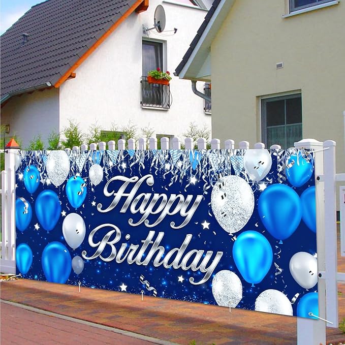 Happy Birthday Garage Door Banner Backdrop 7x16ft Waterproof - Blue&Silver Balloon Banner for Adult Party Decor,Men Women Outdoor Indoor Photo Background