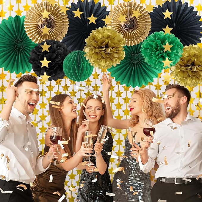 Green Black Gold Birthday Decorations with Happy Birthday Banner Hanging Paper Fans Pom Poms Gold Star Garlands for Men Women Green Black Birthday Decorations