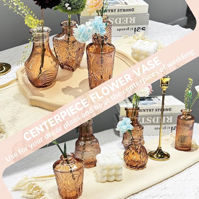 Mini Bud Vases As Wedding Centerpieces for Tables,Clear Bud Vases for Flowers,Small Flower Vases Suitable for Birthday Party,Anniversary,Wedding Reception,Baby Shower (Amber, 24PCS)