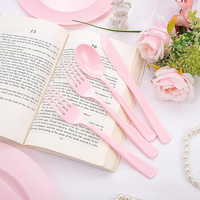 KIRE 150 Pieces Pink Plastic Plates Disposable - Pink Dinnerware Set Include 25 Dinner & 25 Salad Plates 25 Forks 25 Knives 25 Spoons 25 Cups for Baby Shower/Bridal Shower/Mother's Day