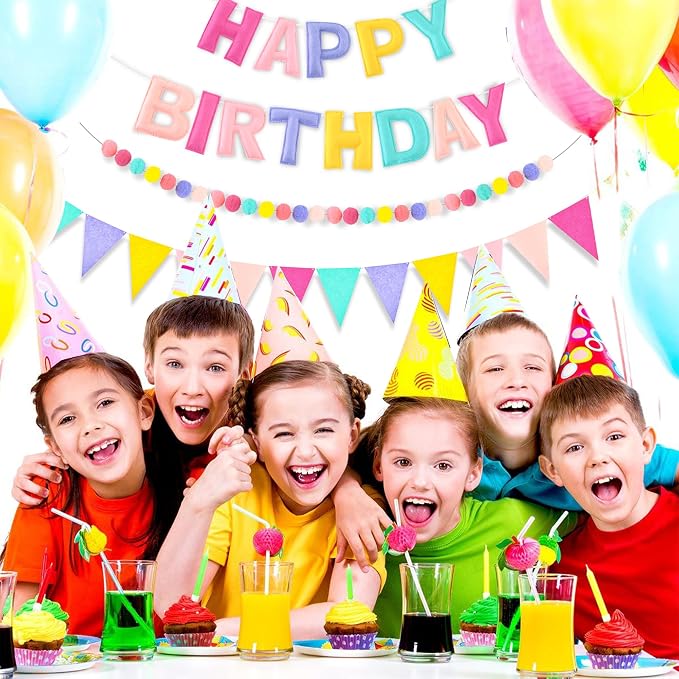 CANREVEL Pre-Strung 3D Happy Birthday Banner, 3 PCS Happy Birthday Felt Garland, Pom Pom Garland, Triangle Fabric Garland Bunting, Reusable Birthday Decorations for Women Men Girls Boys, Pastel Candy