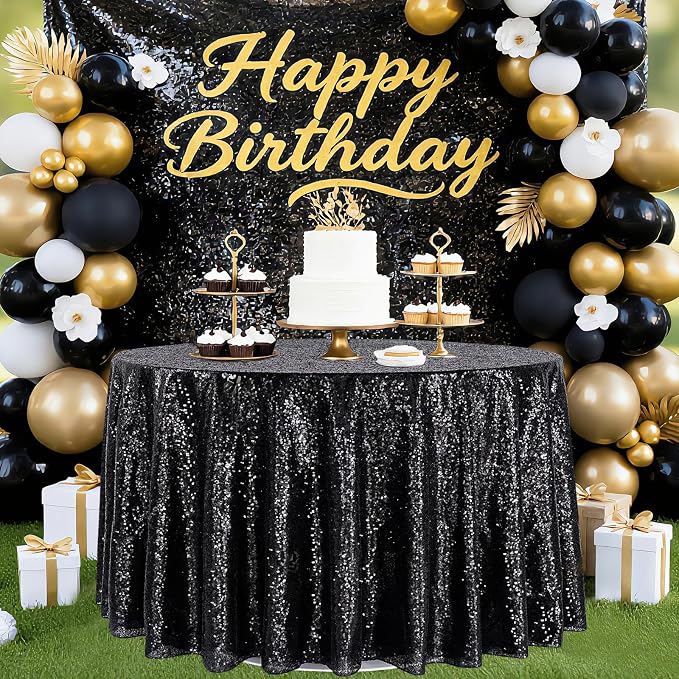 B-COOL Round Tablecloth Sequin Draping Decorations: 132 Inch Tablecloths Black Sequence Overlay Shimmer Fabric for Birthday Dinner Parties Halloween