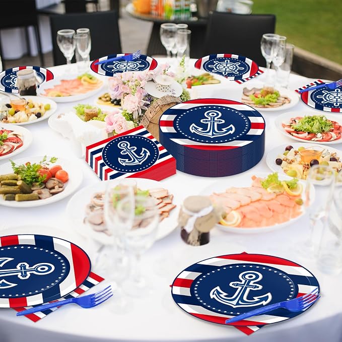 gisgfim 50 Guests Nautical Anchor Party Supplies Anchor Theme Plates and Napkins Plastic Forks Sailor Boat Ship Tableware Nautical Paper Plates for Baby Shower Birthday Party Boys Girls Kids 200PCS