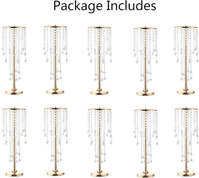 Bigsee 10 Pcs 21.65 inches Crystal Flower Stand Wedding Centerpieces for Tables, Tabletop Gold Metal Flower Arrangement Holder, Elegant Bulk Metal Vases for Reception Party Ceremony Decoration