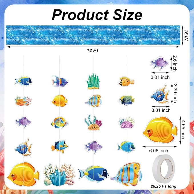 Ctosree Ocean 25 Pcs Tropical Fish Party Decoration Bulk 12 ft Ocean Waves Banner Ceiling Decor Under The Sea Party Decoration with 24 Pcs Tropical Fish Banner for Under The Sea School Classroom Decor