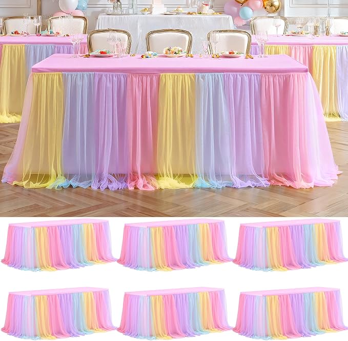 6 Pack Rainbow Tablecloths with Tulle Table Skirt for 6 Foot Rectangle Tables, Party Ruffle Tutu Table Skirt Stretch Fitted Covers for Wedding Reception Birthday Baby Shower Celebration Banquet Event
