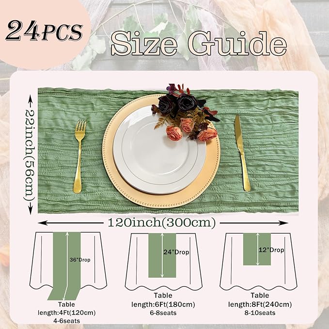 24 Pack Sage Green Cheesecloth Table Runner Rustic Gauze 22x120 inch Long Table Runner for Wedding Bridal Shower Birthday Party Banquet Boho Decoration(#29)