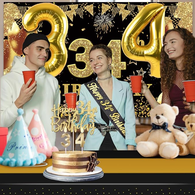 34th Birthday Decorations Men Women with 34th Birthday Banner, Black and Gold Table Cloth, Number Balloons, Large Sash, Cake Topper and Candles