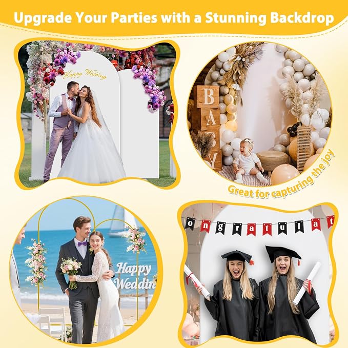 Metal Arch Backdrop Stand and Cover Set of 2, 7.2ft 6ft Gold Party Back drop Arch Stand with Spandex White Background Covers Balloon Garland Kit for Birthday Parties Wedding Ceremony Baby Shower Décor