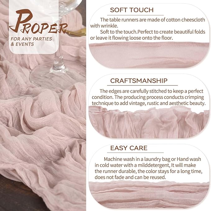 10 Packs Cheesecloth Table Runner, Dusty Pink, 10Ft x 35" Gauze Boho Wedding Decor
