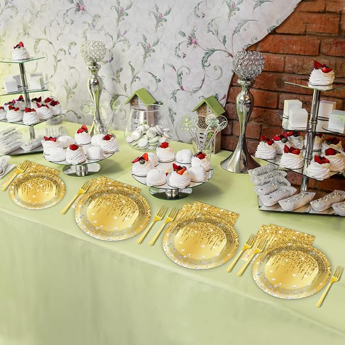 96 PCS Golden Birthday Party Decorations Tableware Set for Golden Themed Happy Birthday Supplies Diamond Gold Plates Napkins Forks for 24 Guests Men Women Anniversary Engagement Wedding Party Favors