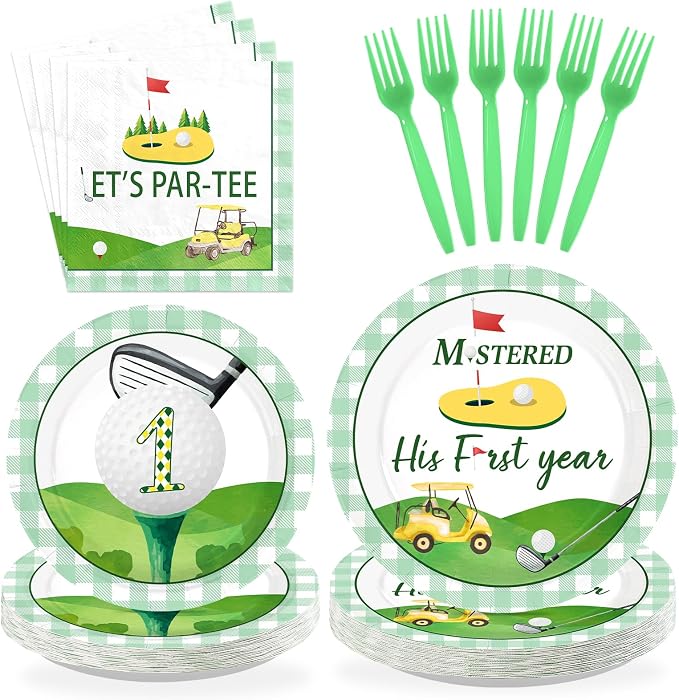 96 Pcs Golf Party Decorations for His First Year Golf Birthday Plates and Napkins Disposable Let’s Par-Tee Tableware Set for Boys Girls 1st Hole in One Birthday Baby Shower Party Supplies Serves 24
