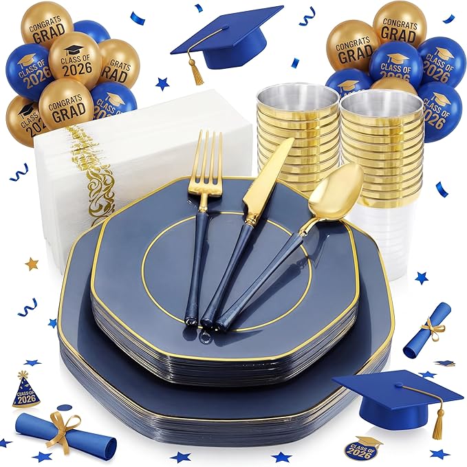 KIRE 140Pcs Blue Plastic Plates with Gold Rim - Gold Disposable Plastic Silverware with Blue Handle&Clear Cups&Hand Napkin - Geometric Party Plates for Passover/Party/Graduation