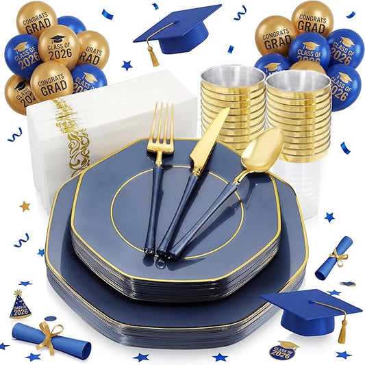 KIRE 140Pcs Blue Plastic Plates with Gold Rim - Gold Disposable Plastic Silverware with Blue Handle&Clear Cups&Hand Napkin - Geometric Party Plates for Passover/Party/Graduation