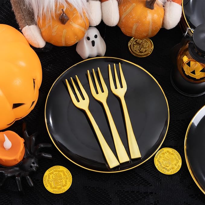 Festiva 200Pcs Black Gold Dessert Plates 6.3" with Plastic Forks 5"- Small Disposable Plates- Dessert/Cake/Appetizer Plastic Plates include 100Plates 100Forks for Tea Party & Birthday