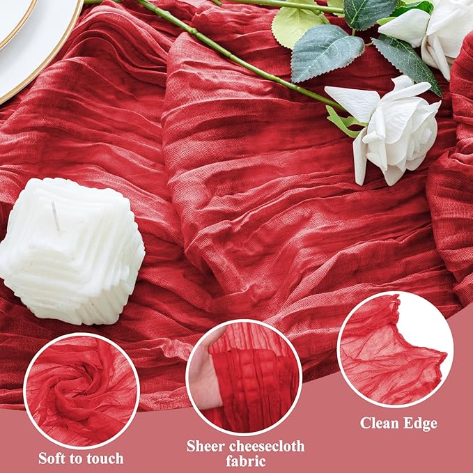 3PCS Table Runner Cheesecloth 10FT Red Boho Gauze Cheese Cloth Rustic Sheer Table Runners for Wedding Birthday Bridal Baby Shower Party Decoration