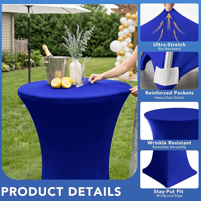 Cocktail Table Covers-Spandex Round High Top Table Cloths 6 Pack 32x43 Inch-Royal Blue Stretch Fitted Bar Tall Tablecloth for Pub Bistro Highboy Party Banquet Height Folding Satnding Tables