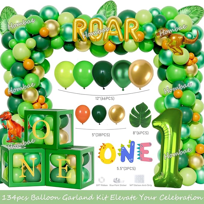 Hombae One a Saurus Birthday Decorations, Dinosaur 1st Party for One Year Old Boy Backdrop Balloon Garland Leaves Monthly Photo Highchair Banner Box Cutout Cake Topper Crown Poster 139 PCs