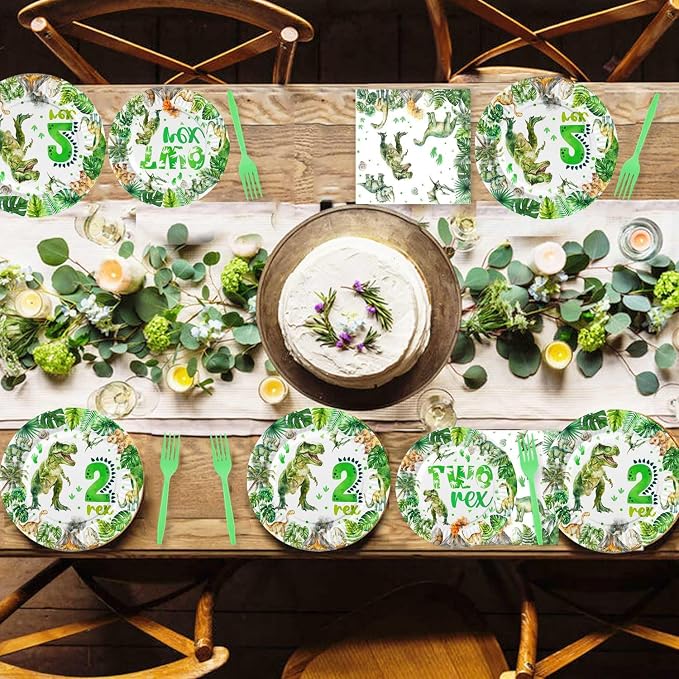 206 Pcs Dinosaur 2nd Birthday Party Supplies, Green Dino Two Rex Birthday Decorations, 20 Serves Include Paper Plates, Cups, Napkins, Tablecloth, Cake Topper, Swirls, Banner, Balloons for Boys