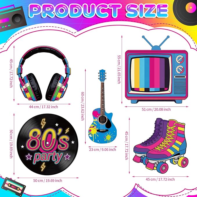 5Pcs 80s Party Decorations, Large Retro Disco Theme Cardboard Cutouts Guitar Headphone Roller Skates Vintage 80s Yard Sign for Neon Hip Hop Music Birthday Indoor Outdoor Photo Props Backdrop