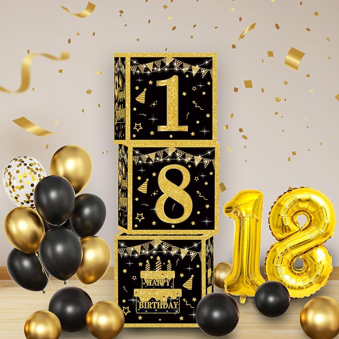 Gold 18th birthday decorations for boys Men,3pcs birthday Decorations for Men boys black and gold Balloon Boxes Birthday Party Favors