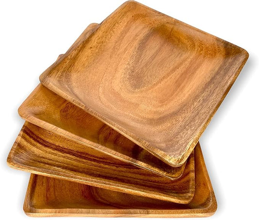 Set of 4 – 8 Inch Square Acacia Wood Appetizer Plates – Solid Hardwood Wooden Salad Dessert Bread Plates for Serving Meals – Natural Wood Grain Dinnerware