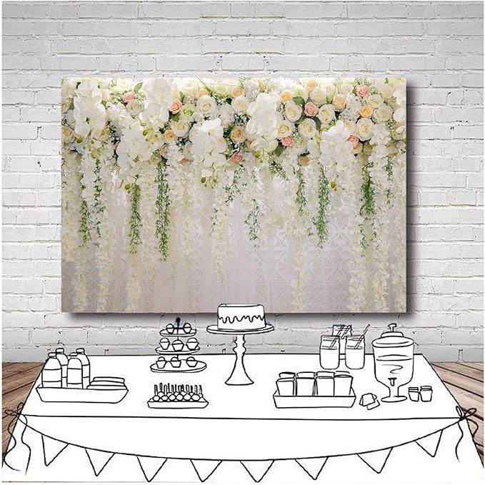 White Rose Floral Theme Photography Backdrops Bridal Shower Wedding Flowers Photo Background Baby Girl Birthday Party Portrait Dessert Cake Table Decor Photo Booth Studio Props 7x5ft