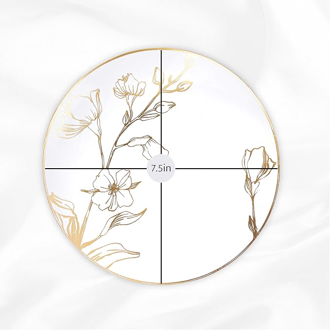 PLASTICPRO White Plastic Floral Design Party Plates With Gold Rim Premium heavyweight Elegant Disposable Tableware Dishes (120, 7'' INCH PLATES)